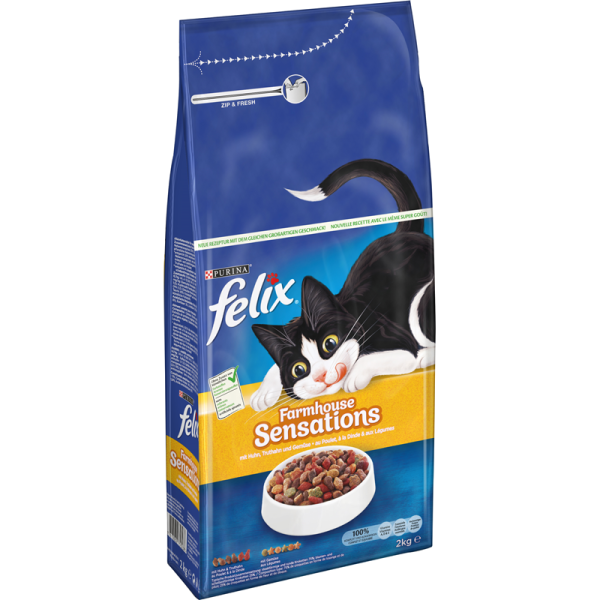 Felix Farmhouse Sensations mit Huhn, Truthahn und Gemüsegeschmack 2kg, Trockenfutter für ausgewachsene Katzen