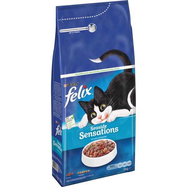 Felix Seaside Sensations mit Lachs, Seelachs und Gemüsegeschmack 2kg, Trockenfutter für ausgewachsene Katzen