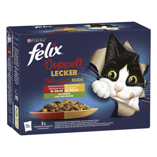 Felix SGWEA doppelt lecker Geschnetzeltes vom Land 12er MP, Alleinfuttermittel für ausgewachsene Katzen