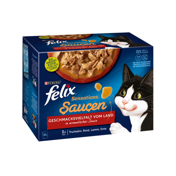 Felix Sensations Saucen Geschmacksvielfalt vom Land MP 12x85g, Alleinfuttermittel für ausgewachsene Katzen