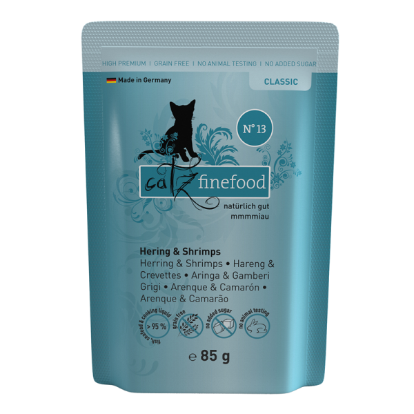 catz finefood No. 13 Hering & Shrimps 85g-Pouchbeutel, Alleinfuttermittel für ausgewachsene Katzen