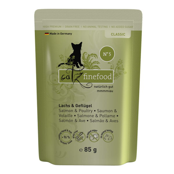 catz finefood No. 5 Lachs & Geflügel 85g-Pouchbeutel, Alleinfuttermittel für ausgewachsene Katzen