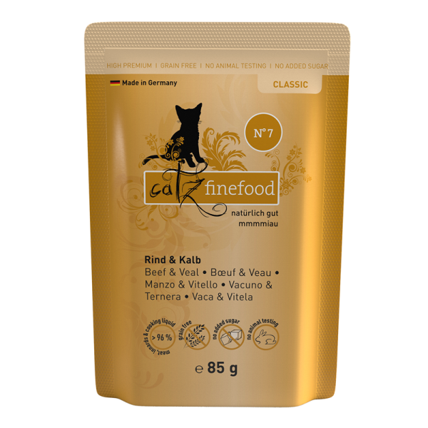 catz finefood No. 7 Rind & Kalb 85g-Pouchbeutel, Alleinfuttermittel für ausgewachsene Katzen