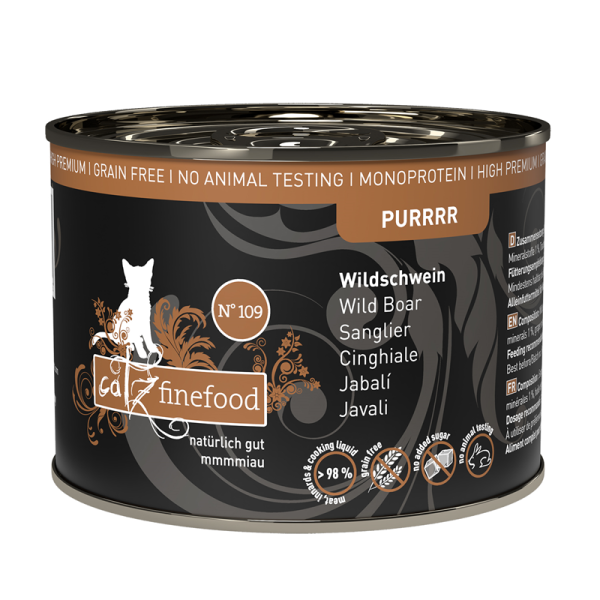 catz finefood Purrrr No. 109 Wildschwein 200g, Alleinfuttermittel für ausgewachsene Katzen, Monoprotein