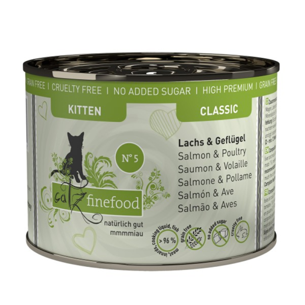 catz finefood Kitten No. 5 Lachs & Geflügel 200g-Dose, Alleinfuttermittel für heranwachsende Katzen