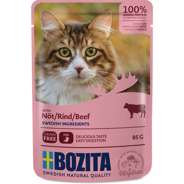 Bozita Pouch Häppchen in Soße mit Rind 85g, Nassfutter für Katzen