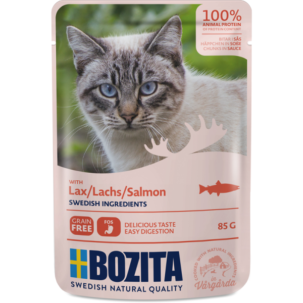 Bozita Pouch Häppchen in Soße mit Lachs 85g, Nassfutter für Katzen