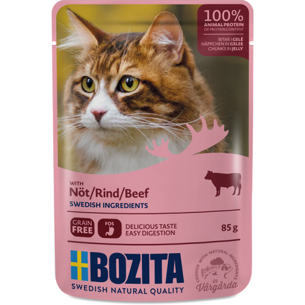 Bozita Pouch Häppchen in Gelee mit Rind 85g, Nassfutter für Katzen
