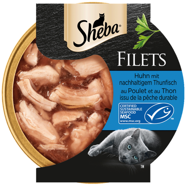 Sheba Schale Filets Huhn mit Thunfisch MSC 60g, Alleinfuttermittel für ausgewachsene Katzen.