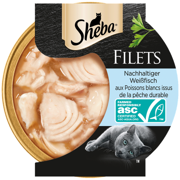 Sheba Schale Filets Weißfisch ASC 60g, Alleinfuttermittel für ausgewachsene Katzen.