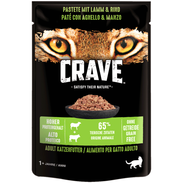 Crave Cat P.B. Lamm + Rind 85g, Alleinfuttermittel für ausgewachsene Katzen.