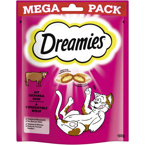 Dreamies Cat mit Rind 180g Mega Pack, Ergänzungsfuttermittel für erwachsene Katzen und heranwachsende Katzen über 8 Wochen - Tiernahrung.