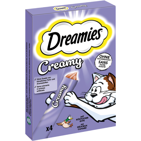 Dreamies Cat Creamy M.P. Ente 4 x 10g, Ergänzungsfuttermittel für erwachsene Katzen und heranwachsende Katzen über 8 Wochen - Tiernahrung.