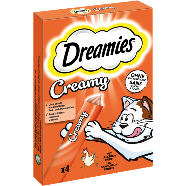 Dreamies Cat Creamy M.P. Huhn 4 x 10g, Ergänzungsfuttermittel für erwachsene Katzen und heranwachsende Katzen über 8 Wochen - Tiernahrung.
