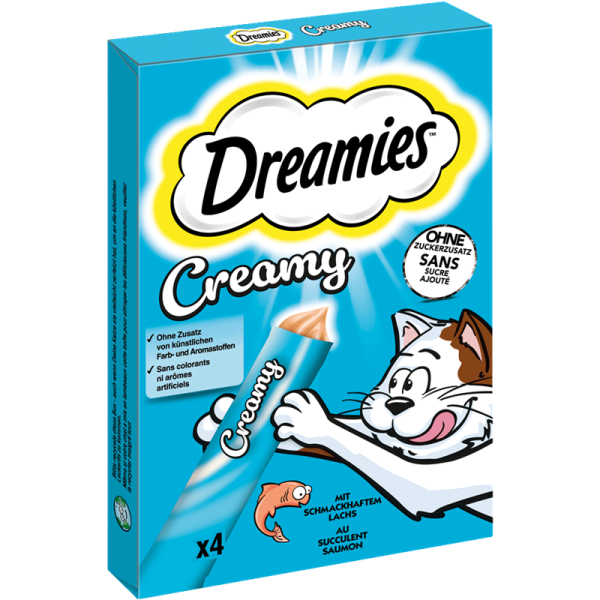 Dreamies Cat Creamy M.P. Lachs 4 x 10g, Ergänzungsfuttermittel für erwachsene Katzen und heranwachsende Katzen über 8 Wochen - Tiernahrung.