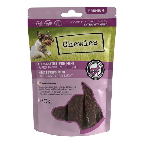 Chewies Fleischstreifen Mini Känguru 70g, Einzelfuttermittel für Hunde