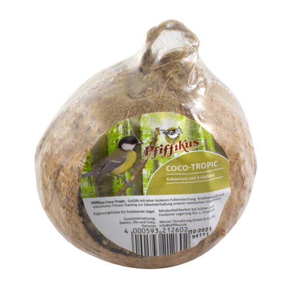 Pfiffikus Kokosnuss mit 3 Löchern, Ergänzungsfutter für freilebende Vögel