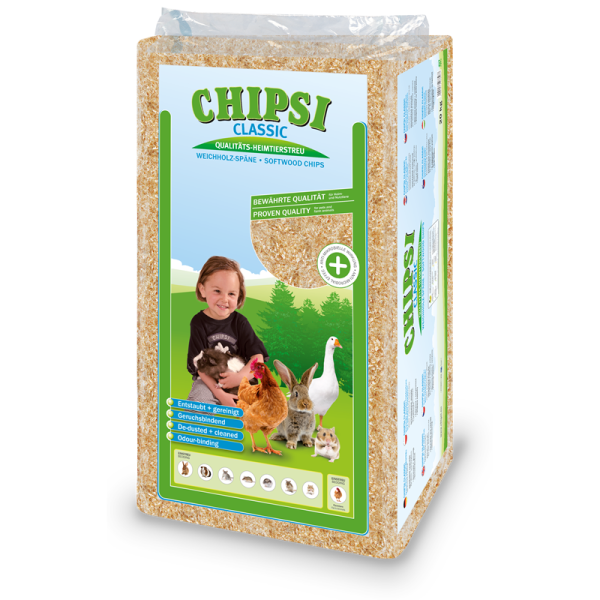 Chipsi Classic Hobelspäne 20kg, Die ideale Einstreu, ein geruchs- und flüssigkeitsbindendes Naturprodukt für die tägliche Frische und Hygiene bei Nagern und Pferden