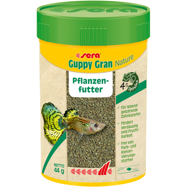 sera Guppy Gran Nature 100 ml / 44 g, Pflanzenfutter aus langsam sinkendem Softgranulat