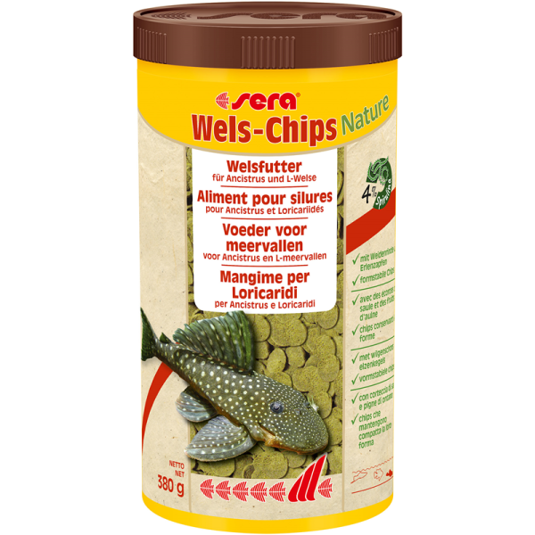 sera Wels-Chips Nature 1000 ml / 380 g, Formstabile Chips für raspelnde Ancistrus und L-Welse