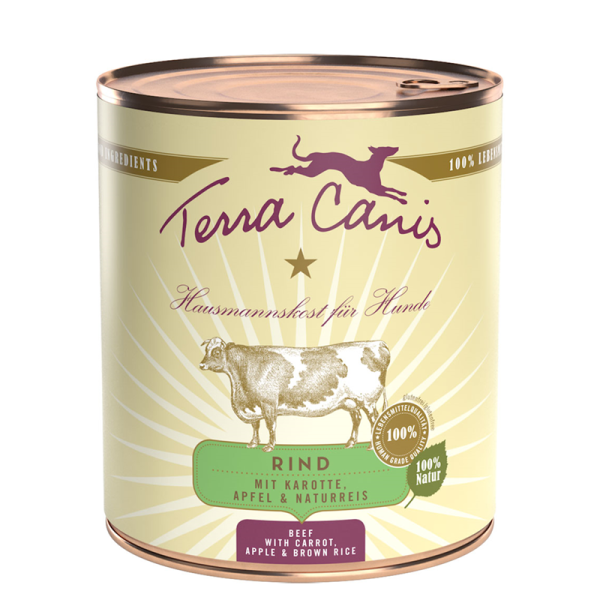 Terra Canis Dose classic Rind mit Karotte, Apfel und Naturreis 800 g, Natürliches Nassfutter für den Hund