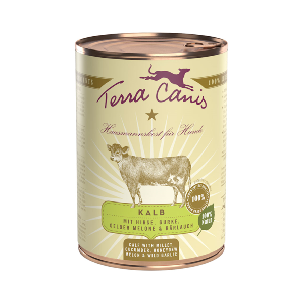 Terra Canis Dose classic Kalb mit Hirse, Gurke, gelber Melone und Bärlauch 400 g, Natürliches Nassfutter für den Hund