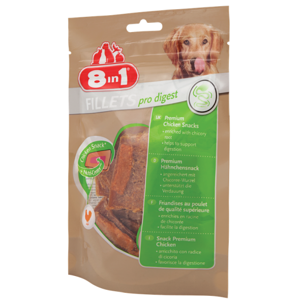 8in1 Dog Fillets Pro Digest, Premium Hähnchenfilet mit einzigartigem Nutri-Center! Angereichert mit Inhaltsstoffen zur Unterstützung der Verdauung des Hundes.