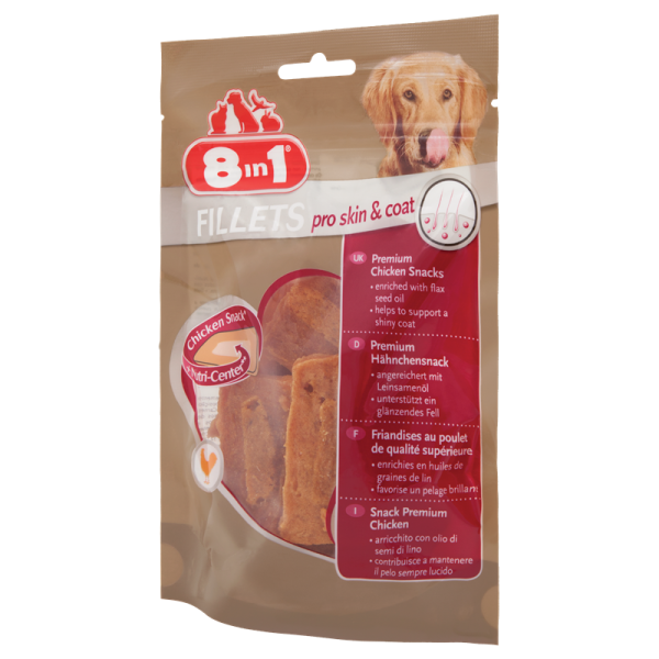 8in1 Dog Fillets Pro Skin & Coat 80 g, Premium Hähnchenfilet mit einzigartigem Nutri-Center! Angereichert mit Inhaltsstoffen für ein glänzenderes Fell.