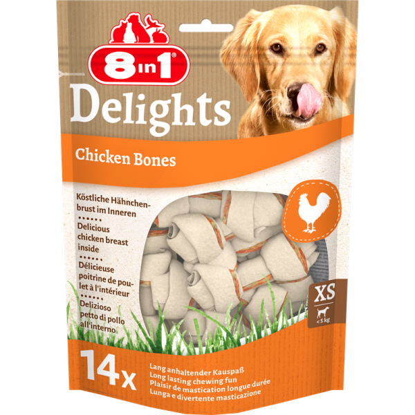 8in1 Delights Chicken Bones XS 168 g, 8in1 Delights Hähnchenfleisch, das sind Rinderhaut-Kauknochen mit Hähnchenfleisch.
