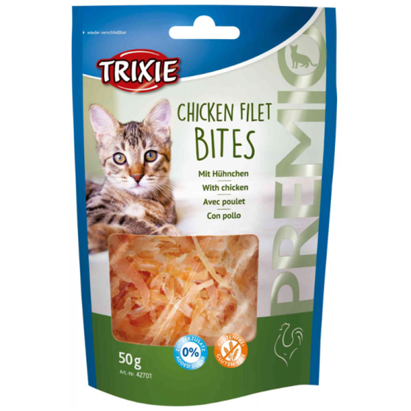 Trixie Premio Filet Bits mit Hühnchen 50 g, Ein zuckerfreier Katzensnack für zwischendurch.