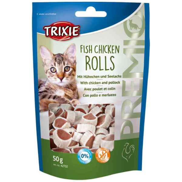 Trixie Premio Rolls mit Hühnchen und Seelachs 50 g, Ein zuckerfreier Katzensnack für zwischendurch.