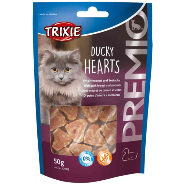 Trixie Premio Hearts mit Entenbrust und Seelachs 50 g, Ein zuckerfreier Katzensnack für zwischendurch.