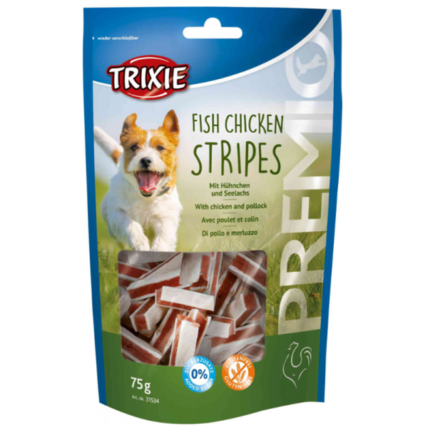 Trixie Premio Stripes Hühnchen & Seelachs 75 g, Ein leckerer Hundesnack für zwischendurch.