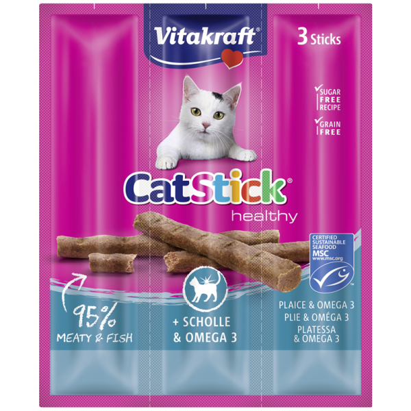 Vitakraft Cat Stick mini Scholle & Omega 3 3 Stück, Ergänzungsfuttermittel für Katzen