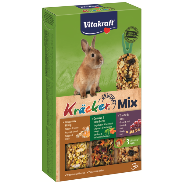 Vitakraft Kräcker Trio-Mix für Zwergkaninchen, Popcorn & Honig, Gemüse & Rote Beete sowie Traube & Nuss