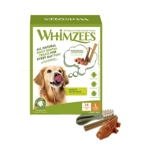 Whm. Dog Snack Variety Value Box L (14 Treats), Whimzees Variety Value Box L Ergänzungsfuttermittel für Hunde. Vegetarischer Zahnpflege-Snack. In dieser Box sind 14 Snacks in drei verschiedenen Formen (Stix, Zahnbürste & Alligator) der Größe L enthalten.