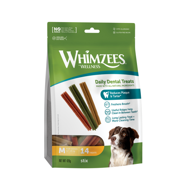 Whm. Dog Snack Stix M 360g WH317, Whimzees Stix - Ergänzungsfuttermittel für Hunde. Vegetarischer Zahnpflege-Snack. Dank seiner Form lässt sich der Stick gut im Maul halten, reinigt sogar die am schwersten erreichbaren Zähne und verhindert schlechten Atem und Zahnsteinbildung.