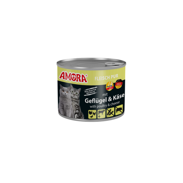 AMORA Fleisch Pur mit Geflügel+Käse 200g, Alleinfuttermittel für ausgewachsene Katzen