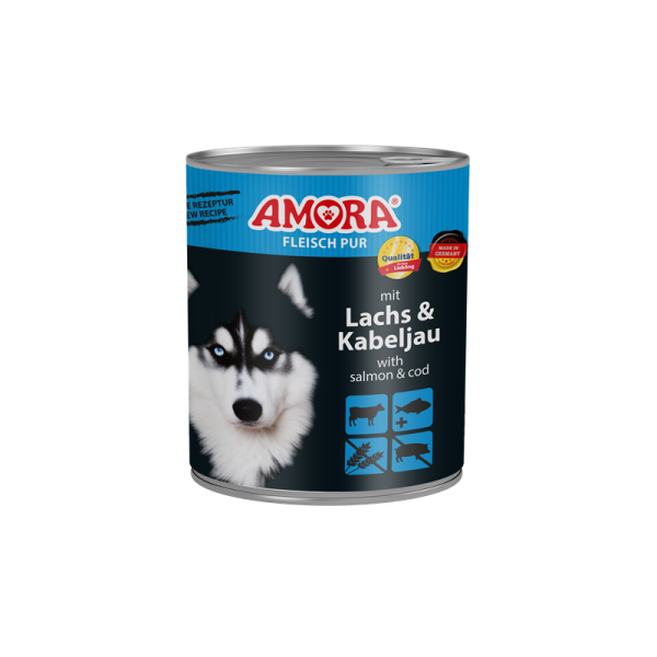 AMORA Fleisch Pur mit Lachs und Kabeljau 800g, Alleinfuttermittel für ausgewachsene Hunde