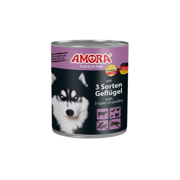 AMORA Fleisch Pur mit 3 Sorten Geflügel 800g, Alleinfuttermittel für ausgewachsene Hunde