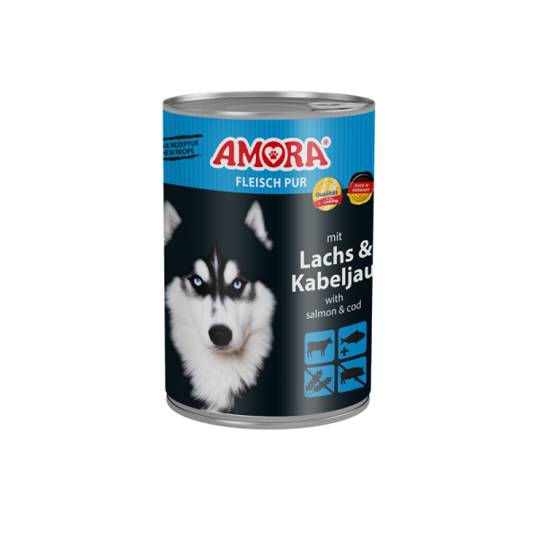 AMORA Fleisch Pur Lachs+Kabeljau 400g, Alleinfuttermittel für ausgewachsene Hunde