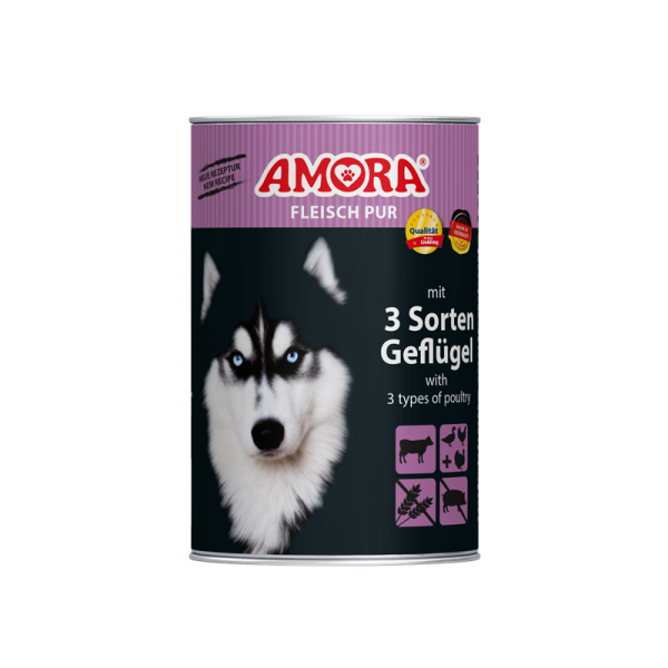 AMORA Fleisch Pur mit 3 Sorten Geflügel 400g, Alleinfuttermittel für ausgewachsene Hunde