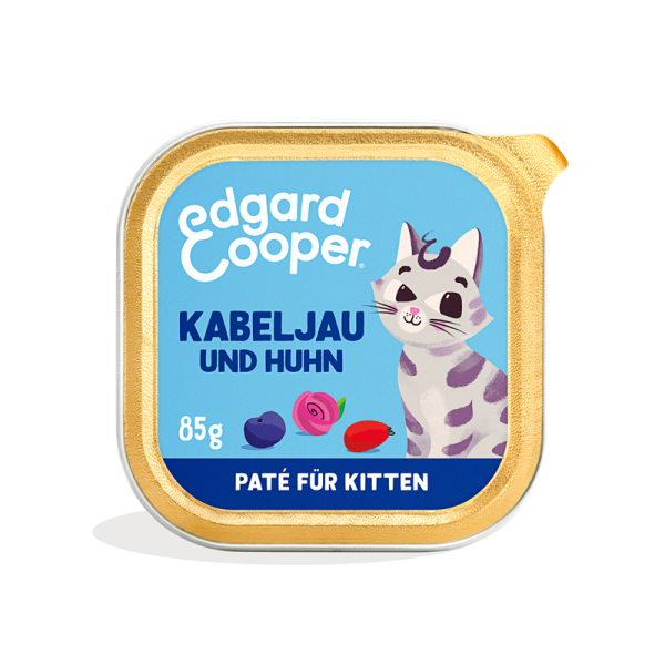 Edgard & Cooper Paté Kitten MSC-Kabeljau und Freilaufhuhn mit Blaubeeren, Rosenblüten und Hagebutten, Katzen Nassfutter für Kitten