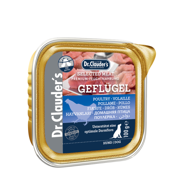 Dr. Clauders Hunde Nassfutter Schale Selected Meat Prebiotics Geflügel 100 g, Nassfutter für ausgewachsene Hunde