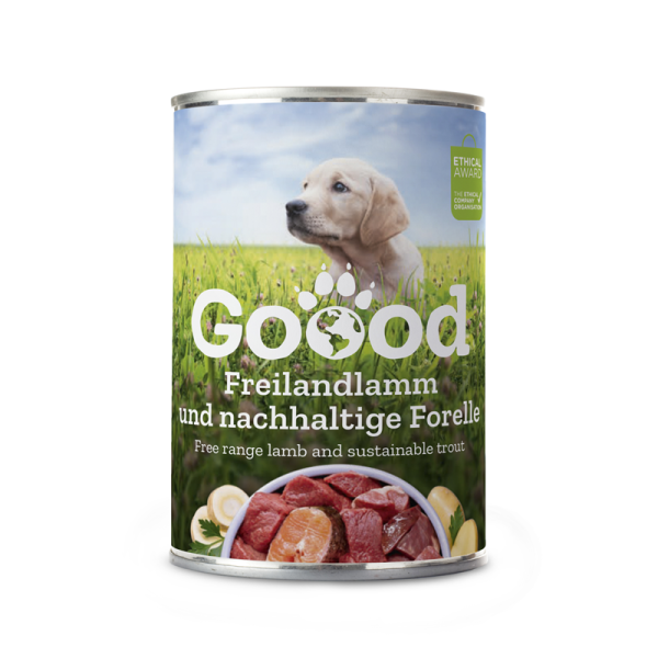 GOOOD Junior Freilandlamm & Nachhaltige Forelle Dose 400 g, Alleinfuttermittel für Junghunde ab der 10. Woche bis zum 15.Monat.