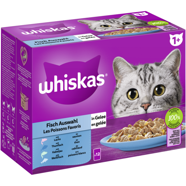 WHISKAS® Portionsbeutel Multipack 1+ Fisch Auswahl in Gelee 12 x 85g, Alleinfuttermittel für ausgewachsene Katzen - Tiernahrung.