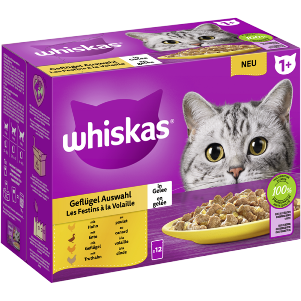 WHISKAS® Portionsbeutel Multipack 1+ Geflügel Auswahl in Gelee 12 x 85g, Alleinfuttermittel für ausgewachsene Katzen - Tiernahrung.