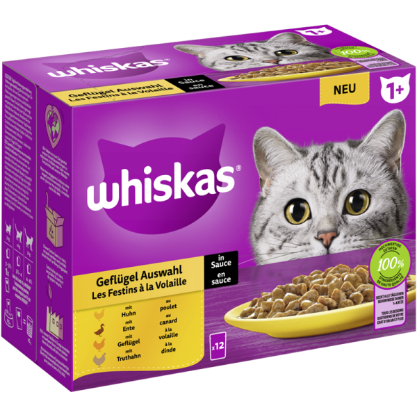 WHISKAS® Portionsbeutel Multipack 1+ Geflügel Auswahl in Sauce 12 x 85g, Alleinfuttermittel für ausgewachsene Katzen - Tiernahrung.