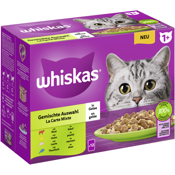 WHISKAS® Portionsbeutel Multipack 1+ Gemischte Auswahl in Gelee 12 x 85g, Alleinfuttermittel für ausgewachsene Katzen - Tiernahrung.