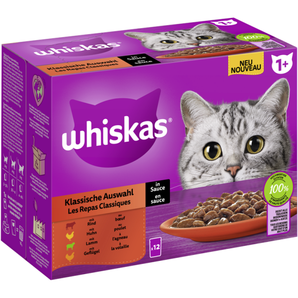 WHISKAS® Portionsbeutel Multipack 1+ Klassische Auswahl in Sauce 12 x 85g, Alleinfuttermittel für ausgewachsene Katzen - Tiernahrung.